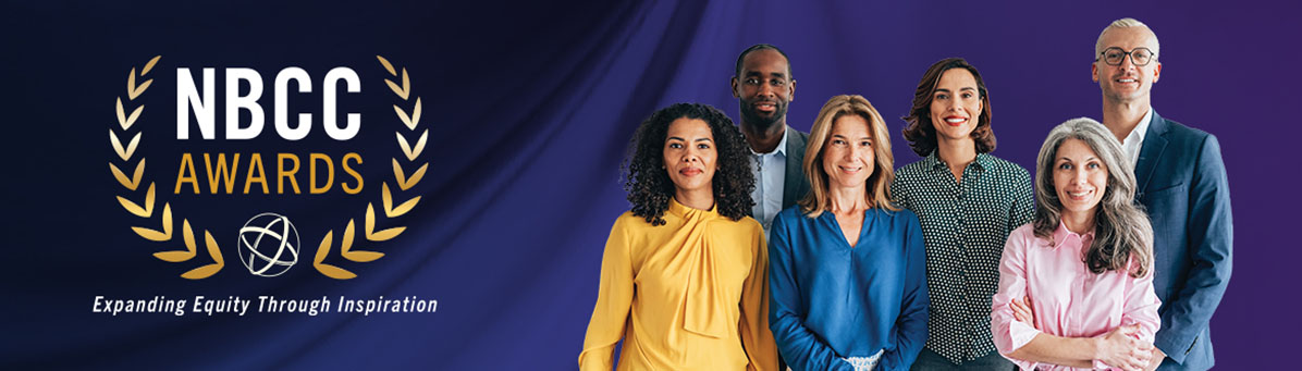 Hero image with NBCC Awards logo to the left and a group of diverse business professionals to the right.